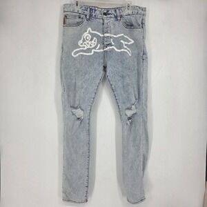 Ice Cream Jeans Mens 34 Light Wash Distressed  Running Dog Graphic Straight Leg